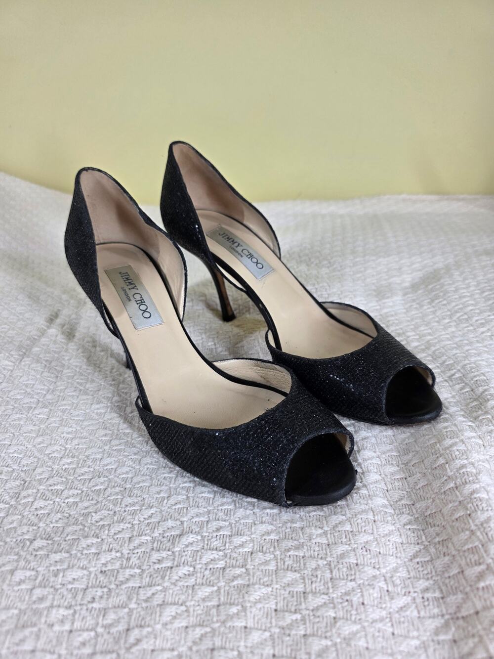 Jimmy Choo D'Orsay Black Glitter Finnish Peep-toe High Heels Pumps 38.5